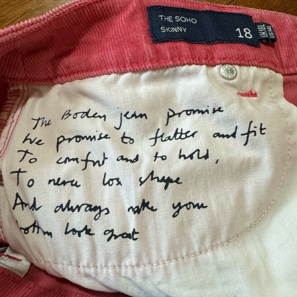 Boden The Soho Skinny Pink Corduroy Ankle Pants size 14L 14 Long US - Picture 5 of 6